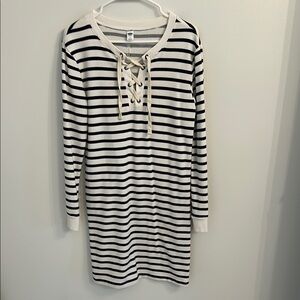 Navy and White Striped Lace-Up Sweatshirt Dress